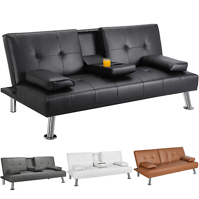 #ad Modern Faux Leather Futon Sofa Bed Fold Up amp; Down Recliner Couch with Cup Holder $229.99