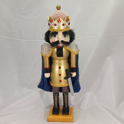 #ad Nutcracker King Wooden Gold with Royal Blue Cape Sword Jewels 15 Inch $15.97