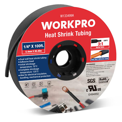 #ad WORKPRO 100 FT 1 4quot; Heat Shrink Tubing 3:1 Ratio Dual Wall Adhesive Lined Tubing $32.99