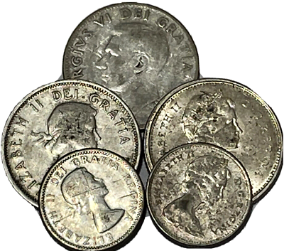 #ad $0.95 FV Canada 80% 50% Silver 25c 10c Coins 1952 1953 1956 1967 KM 44 51 52 68a $18.88