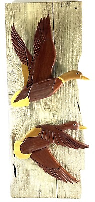 #ad Vintage Wooden Ducks In Flight On Natural Wood Wall Art 22” Tall 9” Long $77.00