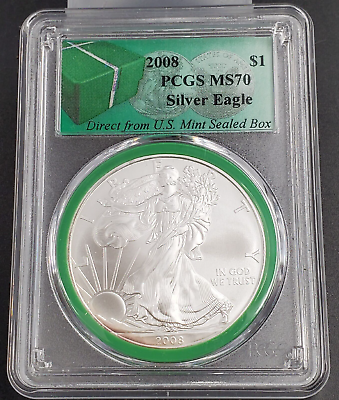 #ad 2008 P 1 OZ American 1oz 999 Silver Eagle PCGS MS70 Mint Sealed Box Green Holder $94.95