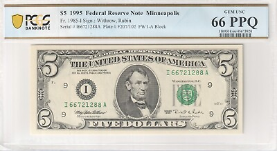 #ad $5 1995 Federal Reserve Note Minneapolis WithrowRubin FW I A PPQ 66Graded GEM $39.99