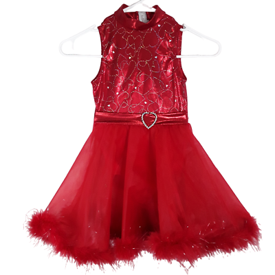 #ad Dansco Girls Dance Costume Size MC Red Hearts Unitard Skirt Tap Jazz Feathers $19.99