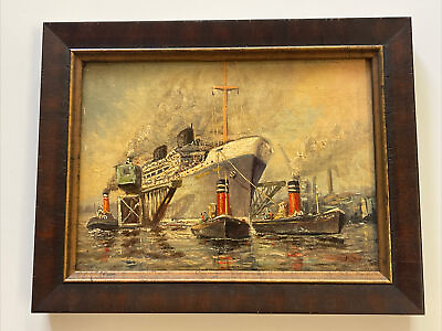 #ad Antique Oil Painting Nautical Coastal Ships Boats Industrial Wpa Style Older $800.00