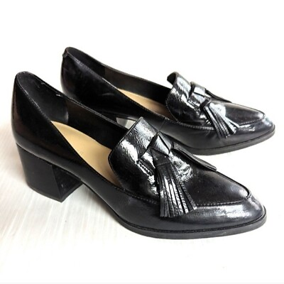 #ad MARC FISHER Phylicia 2 black patent leather tassel fringe heeled loafers $32.99