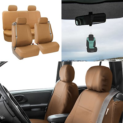 #ad Seat Covers PU Leather For Built In Seat belt Auto Car Sedan SUV Tan w Gift $59.99