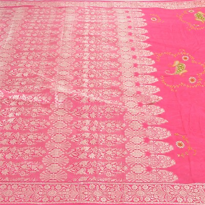 #ad Sanskriti Vintage Pink Sarees Pure Silk Embroidered Woven Sari Fabric Blouse Pc $37.23