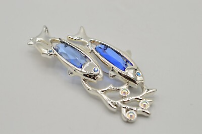 #ad Monet Vintage Cabochon Fish Pin Brooch Blue Crystal Gripoix Silver Signed BinB $17.56