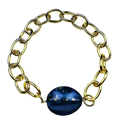 #ad Blue amp; Gold Chunky Chain Bracelet Beaded Handmade Glam Classic Funky Jewelry $3.99