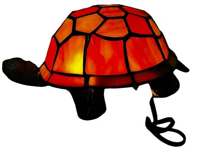 #ad Vintage Stained Glass amp; Brass Tiffany Style Turtle Table Lamp Night Light Amber $49.00