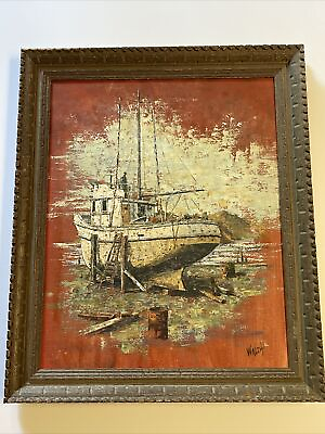 #ad Beach Painting Nautical Marina Coastal Landscape Boat Port Vintage 1970’s Walsh $630.00