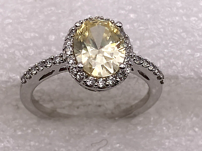 #ad Sterling Silver Pale Yellow Cubic Zirconia Oval Halo Ring Size 7 Signed SW $21.99