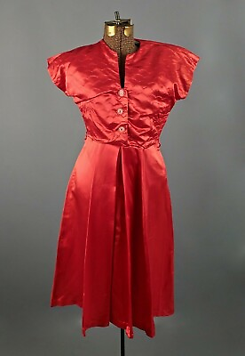 #ad VTG Women#x27;s 50s Red Satin Evening Cocktail Dress Sz S 1950s $64.99