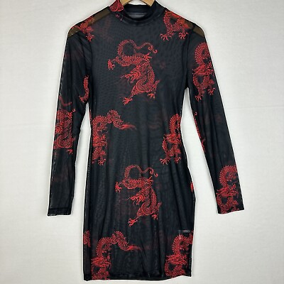 #ad Women#x27;s Medium Chinese Dragon Print Bodycon Dress Mesh Red Black Shein Long Slv $5.89