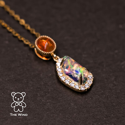 #ad Two Tone of Mexican Fire Opal Halo Diamond Necklace Pendant 18K Yellow Gold $679.19