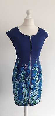 #ad Karen Millen Dress UK 12 Blue Floral Butterfly Front Zip Shift Stretch Summer GBP 35.00