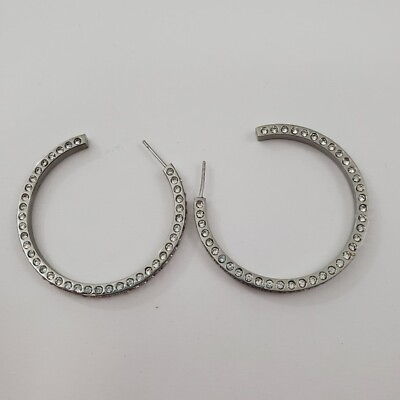 #ad Hoop Earrings Rhinestone Silver Tone DSMK Stainless Steel Bling Pierced $6.49