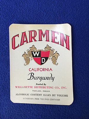 #ad OLD vintage ORIGINAL alcohol WINE bottle LABEL california CARMEN burgundy OREGA $7.77