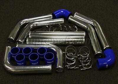 #ad CHROME 3quot; DIY TURBO INTERCOOLER PIPING KIT 8PC BLUE SILICONE COUPLERS T CLAMP $134.54