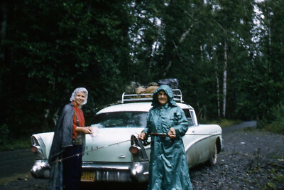 #ad 1950s Red Border Kodachrome Slide Women in Rain Gear Fiahing Poles in Woods $19.99