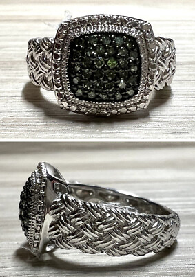 #ad Designer Signed JS Sterling Silver Green Pave Diamond Ring Size 7 6.9g $126.65