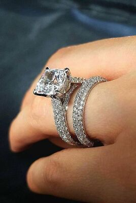 #ad 3.00 ct princess diamond Wedding ring band bridal set silver VVS1 D Lab Created $190.00