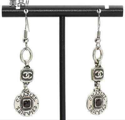 #ad CHANEL Vintage Dangle Earrings Silver CoCo Mark Black Stone Length: 2.1 in. $602.99