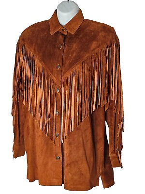 #ad Pia Rucci Womens Suede Jacket Small Tan Long Sleeve Fringe Western 80s Vintage $74.00