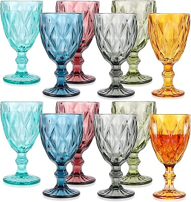 #ad Set of 12 Vintage Glass Goblets Bulk 10 oz Multi Colored Stemware Wine Glasses $68.99