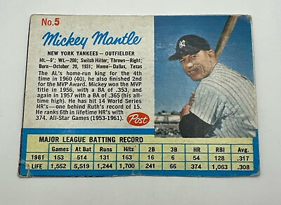 #ad 1962 MICKEY MANTLE POST CEREAL #5 BASEBALL CARD Hand Cut Low Grade $59.99