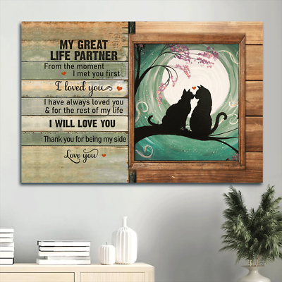#ad Couple Poster Black cat painting Pink flower Full moon drawing Gift for Co... $15.42