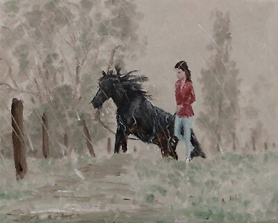 #ad Oil Painting Horse and Woman in Rain Storm Landscape Animal Art by A. Joli $135.00
