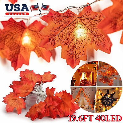 19.6FT Fall Thanksgiving Maple Leaves 40 LED Lights Garland Festival Decor Lamp $9.99