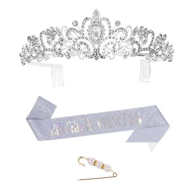 #ad Silver Birthday Sash Crown BroochWomen#x27;s Glitter Birthday Princess Shoulder s... $18.61