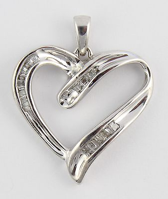 #ad 14k White Gold Baguette Diamond Heart Pendant $405.99