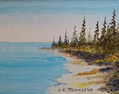 #ad Vint Miniature Signed Coastal Seascape Oil Painting Ocean Shoreline Pinetree 8x6 $40.00
