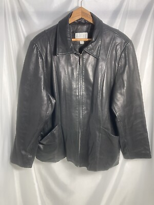 #ad Worthington Womens Leather Jacket Black 3X Zipped Collar Deep Pockets Lambskin $15.00