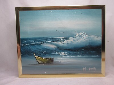 #ad original vintage oil painting nautical beach sea signed ? H. Garley metal frame $55.00