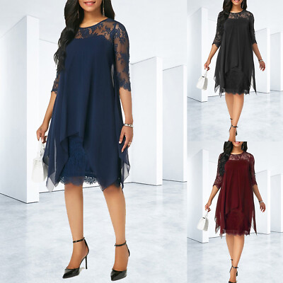 #ad Plus Size Women Lace Floral Short Sleeve Sundress Ladies Mesh Party Gown Evening $21.79
