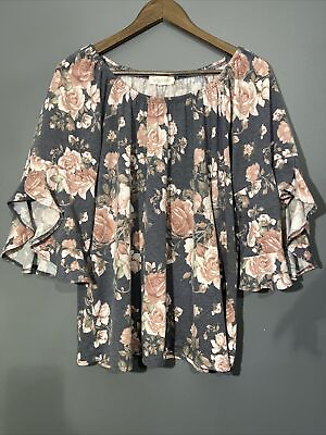 #ad Late August Womens Plus Size Top Sz 2x Gray Floral Bell Sleeve Off The Shoulder $9.99