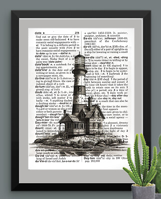 #ad Lighthouse Printed on Vintage Dictionary Page Art Print Nautical Ships Beacon $8.95