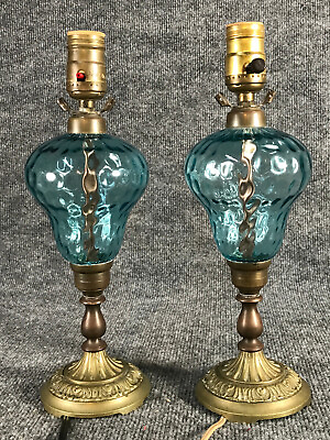 #ad PAIR Vintage Bedside Lamps 13quot; Mid Century Optic Glass Globe amp; Brass Finish VTG $79.00