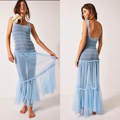 #ad NWOT Free People Smock About It Sheer Tulle Ruffle Maxi Slip in Sky Blue size L $45.00