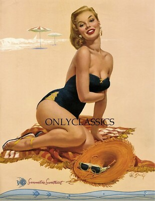 #ad 1950#x27;s Rare Al Buell Pin Up Print Summertime Sweetheart Beach Babe Cheesecake $13.17