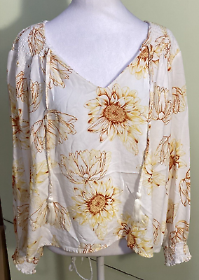 #ad Harlow amp; Rose Womens Sunflower Print Smocked Shoulders Long Sleeve Blouse Size L $9.98