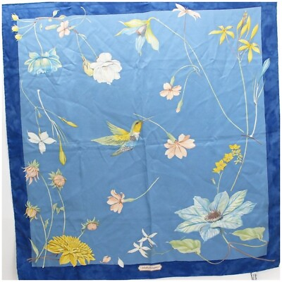 #ad Authentic Ferragamo Silk Scarf Blue Flower Bird Pattern Used AB Rank Salvatore $79.87