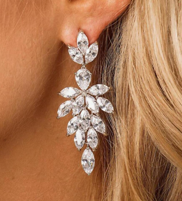 #ad Pageant Prom WOMAN SPARKLY EARRINGS Rhinestone Silver Wedding Bridal Party Bling $14.95