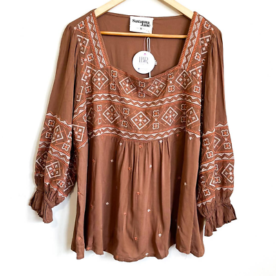 #ad Savanna Jane Carson Embroidered Peasant Top Womens 1X Boho Aztec Brown Shirt New $45.00