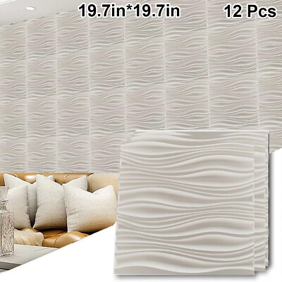 #ad 12PCS 3D PVC Wall Panels Wave Wall Design Tiles White Decorative WaterProof $35.99